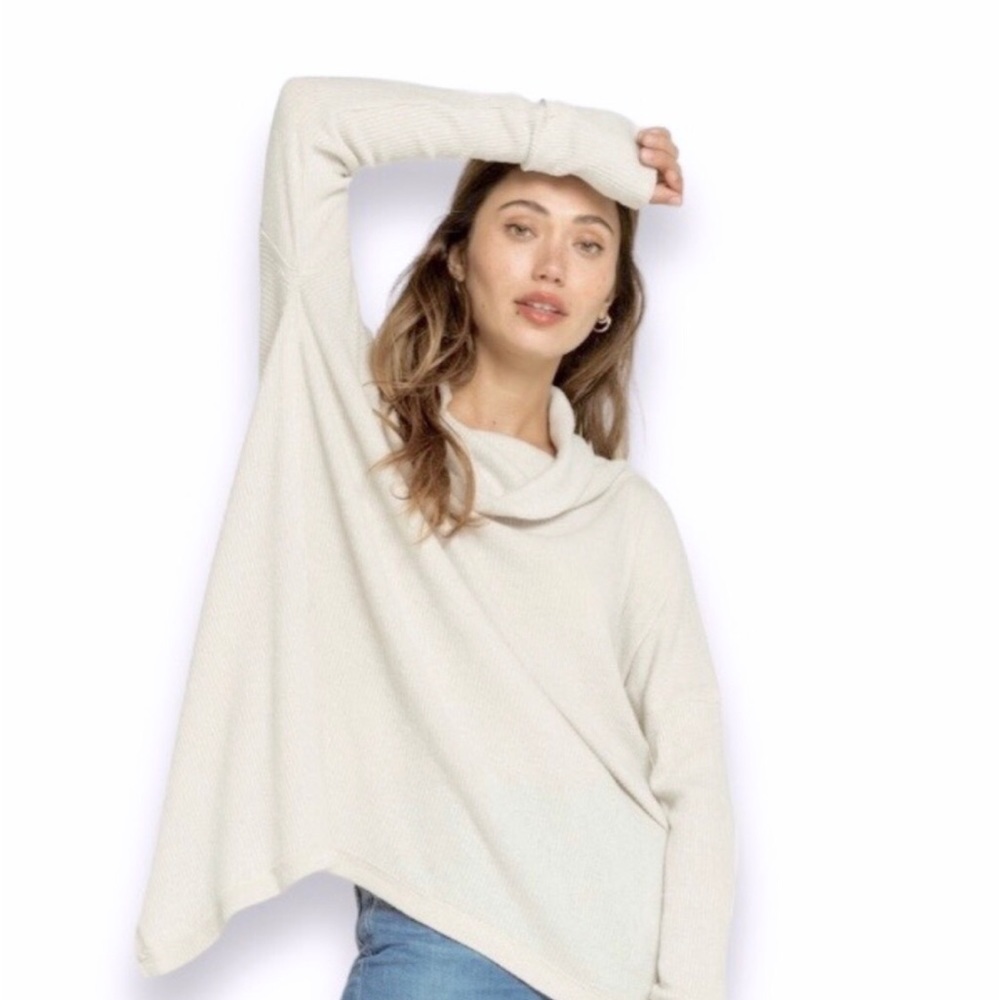 NWT Free People Juicy Cowl Neck Ribbed Top in Stone, sz Med